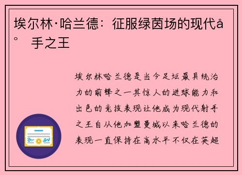 埃尔林·哈兰德:征服绿茵场的现代射手之王 埃尔林·哈兰德:征服绿茵场的现代射手之王
